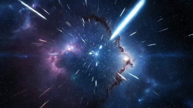 Futuristic hyperspace travel through a vibrant cosmic nebula with glowing stars and light streaks