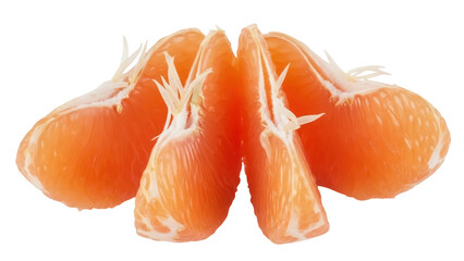 Isolated mandarin segments, cut open to reveal the fruit's delicious juicy pulp and structure