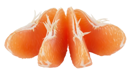 Isolated mandarin segments, cut open to reveal the fruit's delicious juicy pulp and structure