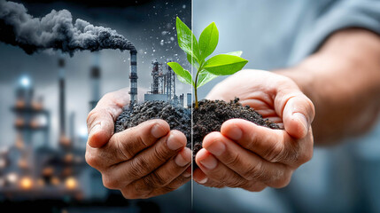 The photo is divided into two halves: on the left, an industrial chimney and a factory flame in dark colors, and on the right, a hand holding moist soil with a green young sprout.