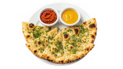 Delicious indian garlic naan bread served with two dipping sauces on white plate isolated on transparent background