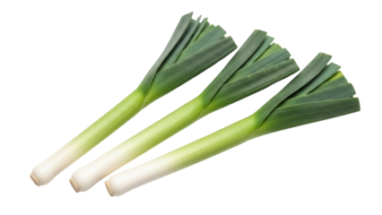 Isolated fresh leeks for sale in grocery store in spring for soup and sauce ingredients