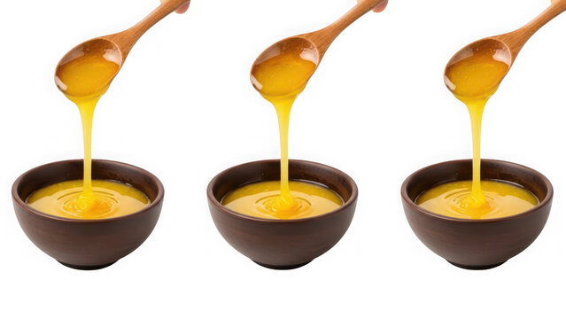 Three wooden spoons pouring golden ghee or honey into small brown bowls isolated on transparent background
