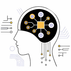 Obraz premium artificial intelligence and digital brain concept, human profile with chip and electronic circuit lines illustration
