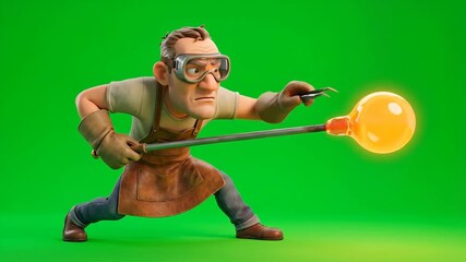 Animated sequence of a craftsman skillfully shaping molten glass in a green studio environment
