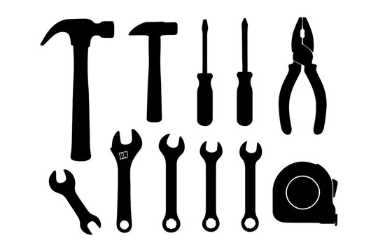 Silhouette collection of hand tools including hammer, wrench, screwdriver, pliers, and tape measure.