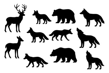 Obraz premium Silhouette collection of wild animals including deer, wolves, and bears.