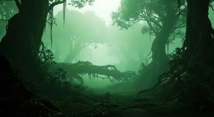 Mysterious Green Forest Canopy with Ancient Trees and Fog.