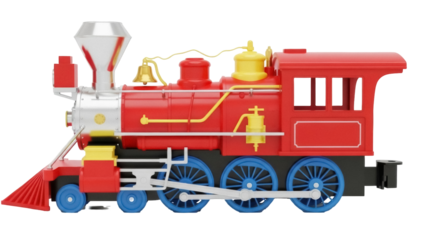 Isolated toy train carriage with metal chimney, colorful train car with cabin, kids playtime