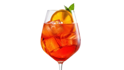 Isolated Aperol spritz with orange slice and mint leaf, alcoholic beverage and ice cubes