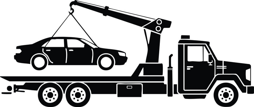 Black Silhouette of a Flatbed Tow Truck Lifting a Car, Roadside Assistance and Recovery Vehicle Graphic, Minimalist Tow Truck Vector Illustration, silhouette, illustration, vector