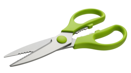 Isolated kitchen scissors with serrated blade and green handle for cutting, clipping, slicing