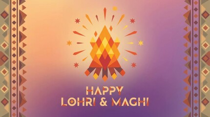 geometric maghi and lohri banner template illustration template featuring flat style bonfire with sparks and stars on soft gradient background with gentle glow