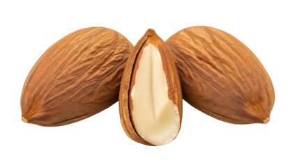 Isolated almonds group, single halved nut, healthy snack, natural food, nutrition