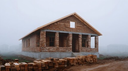 Unfinished brick house construction with wooden framing on a misty day