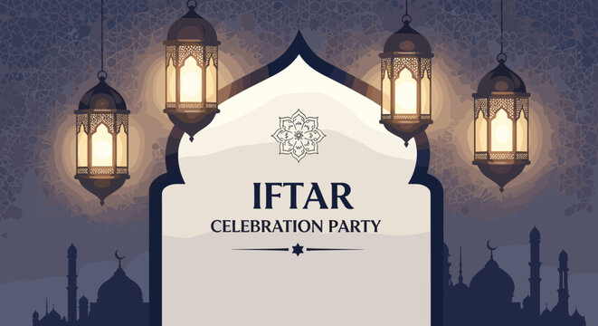 Iftar celebration party invitation card with glowing lanterns and a mosque silhouette under a decorative archway at night.