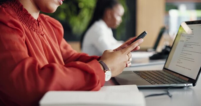 Office, typing or hands with mobile for research, check internet guide or online forum for technology question. Laptop screen, phone or woman with query message, digital advice info or find solution