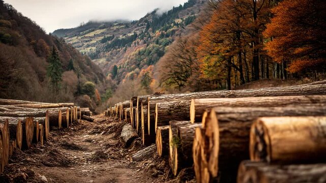 Stacked Logs Line Pathway in Forest Valley with Autumn Foliage and Overcast Sky