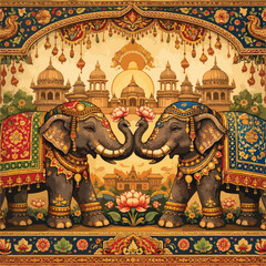 Fototapeta premium Traditional Indian Elephant Illustration with Ornamental Palace Border