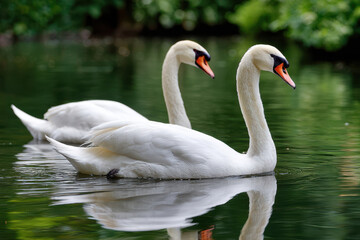 Obraz premium Elegant swans gracefully gliding across a serene pond in lush greenery