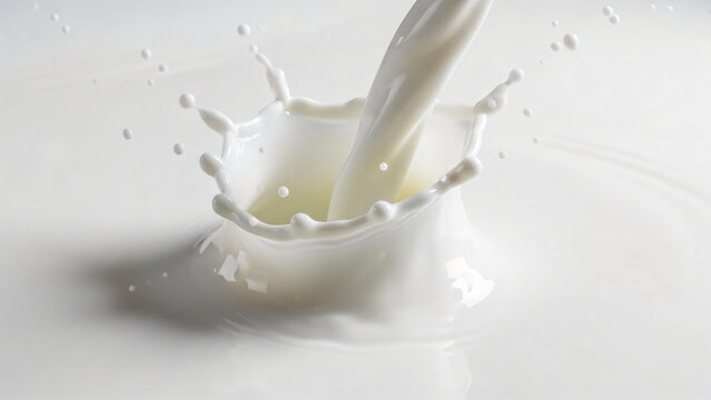 Stream of white liquid creating a milk splash. Liquid droplet crown formed on milky surface. Cloud Dancer color of the year concept. Cloud Dancer Color of the Year 2026