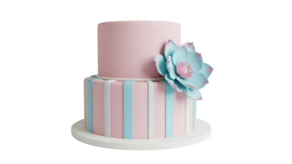 Isolated cake decorated with flower, pink, light blue birthday or wedding cake, no people