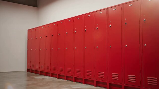 Row of bright red metal lockers standing against a white wall in a modern interior space