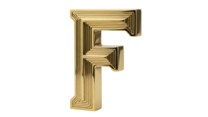 Isolated golden 3D letter F with linear texture and geometric design, decorative ornament