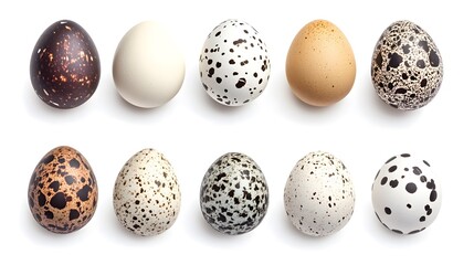 Ten Quail Eggs Various Patterns and Colors Isolated