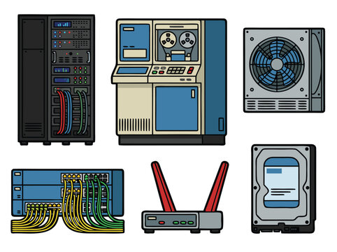 Vintage and Modern Computer Hardware Components.