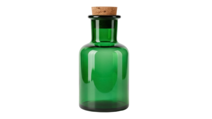 Isolated antique glass bottle with cork stopper, vintage container for potion or medicine