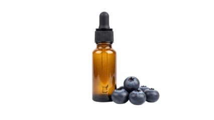 Isolated amber glass dropper bottle with organic blueberry extract for skincare treatment