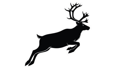 Fototapeta premium Black silhouette of a leaping deer with large antlers isolated on white background