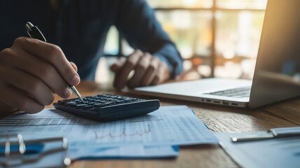 Close up of accountant calculating finances using a calculator next to a laptop in a bright office setting