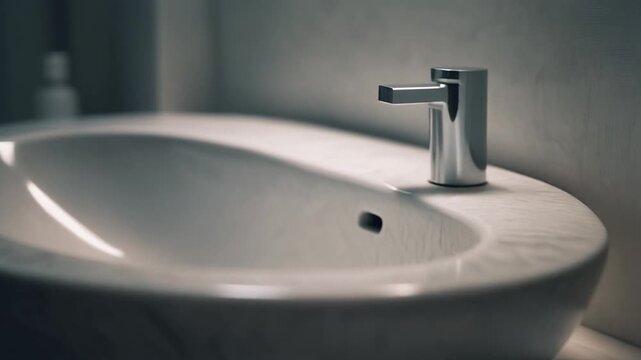 A shiny chrome faucet pours clean water into a white bathroom basin, showcasing a modern interior design focused on hygiene and home plumbing