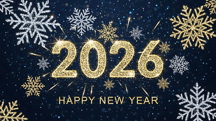 Happy New Year 2026 Sparkling Number Design with Shining Snowflakes on Dark Blue Background