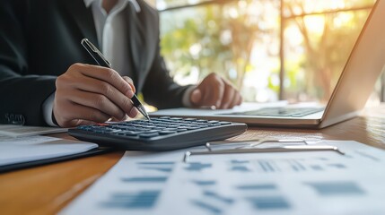 Businessman calculating finances using a calculator beside a laptop in a brightly lit modern office setting