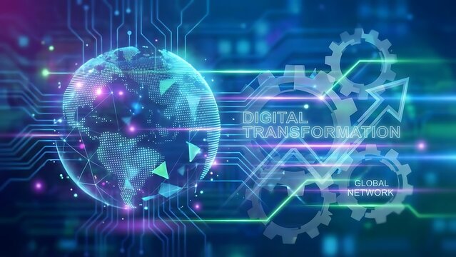 Digital transformation global network with glowing blue and purple circuit board background and gears - Powered by Adobe