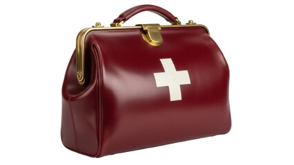 Isolated medical bag or doctor's bag for health care with white cross, burgundy color, bag