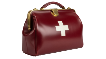Isolated medical bag or doctor's bag for health care with white cross, burgundy color, bag