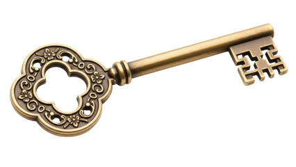 Isolated ornamental bronze key, antique door opener, golden metal key, historical lock and treasure