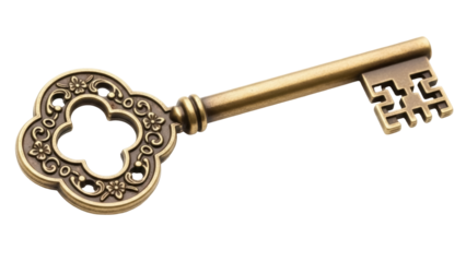 Isolated ornamental bronze key, antique door opener, golden metal key, historical lock and treasure