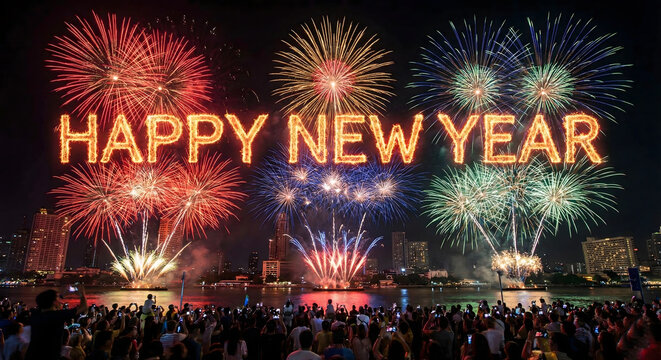 fireworks over the city happy new year countdown 