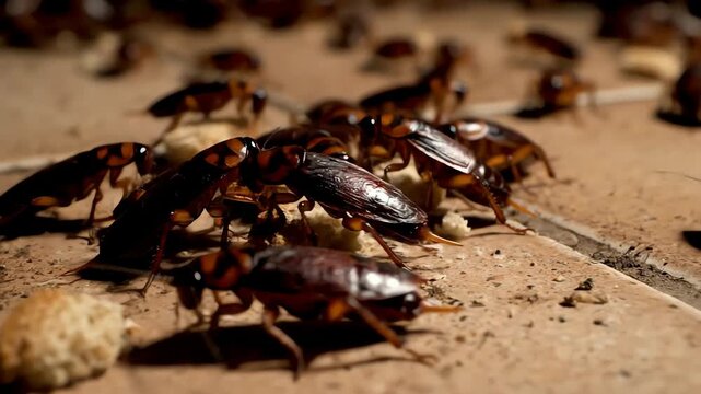 Numerous cockroaches swarm and feed on small pieces of bread crumbs on a textured surface