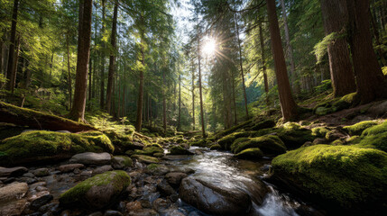 Fototapeta premium Beautiful forest background for screensaver. with sunbeams. Calm close-up of fairytale forest and nature landscape, panorama. Summer vacation, holiday, amazing nature.