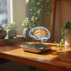 Cinematic commercial AI design photograph of a holographic brain projector on a warm wooden desk, natural sunlight, lush plants, and blurred earthy background.