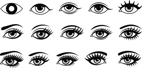 Female eye shapes and eyelash styles vector set, beauty makeup illustration, expressive eyes collection, cosmetic design elements for fashion and graphic use