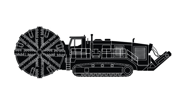 Black silhouette of a tunnel boring machine on a isolated on white background