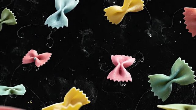 Animated view of colorful farfalle pasta flying in black space showcasing vibrant hues