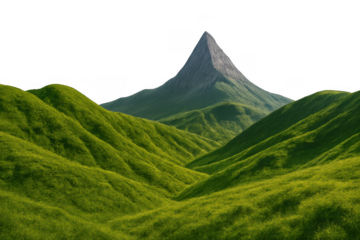 Green rolling hills leading to a majestic mountain peak on a transparent background, depicting natural beauty and tranquility